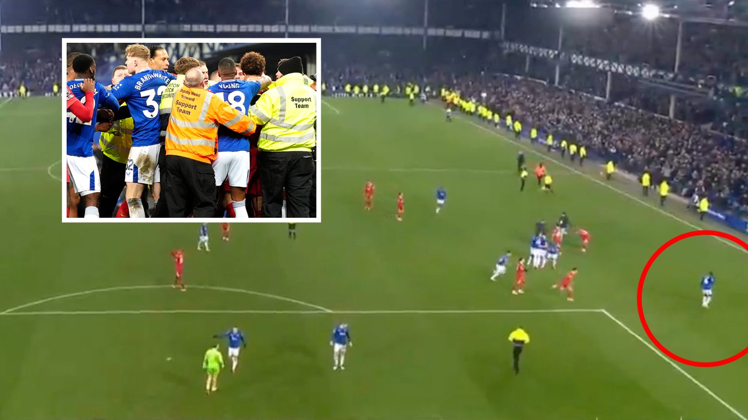 Watch moment Everton star sparks mass Goodison brawl by goading Liverpool fans before furious Curtis Jones wades in