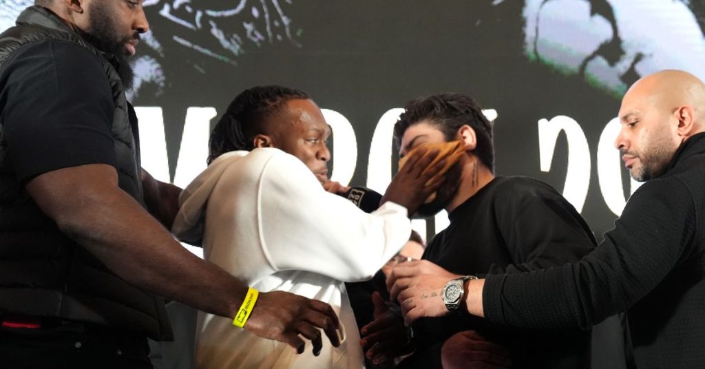 Watch KSI smack Dillon Danis in the face with a pancake at Misfits Boxing 21 press conference